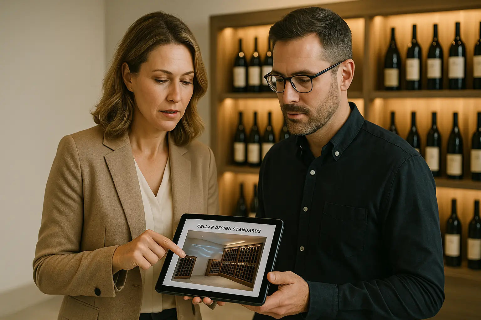 Wine Guardian Dealer expert reviewing wine cellar design plans on tablet