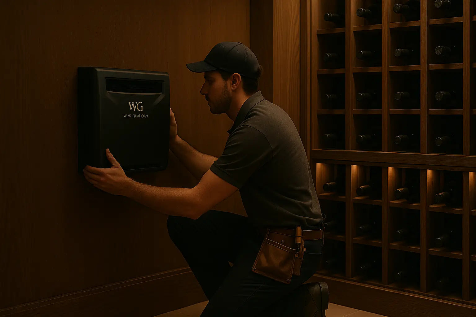 Wine Guardian humidifier installation in progress inside a cellar