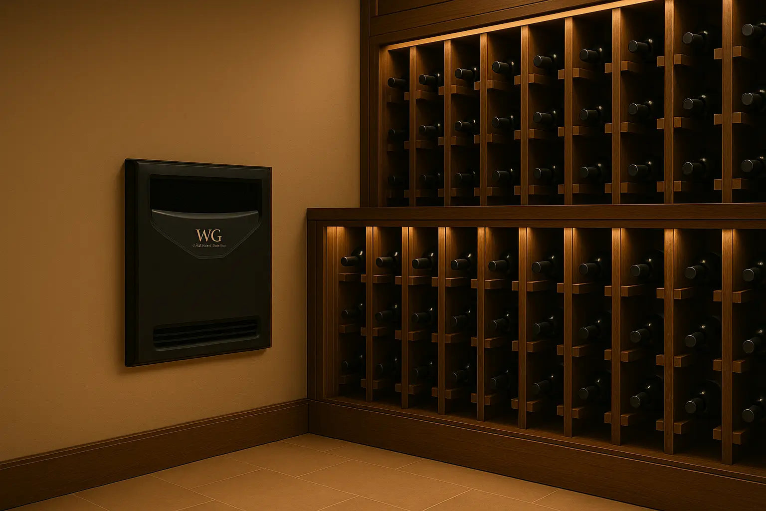 Compact humidifier installed inside luxury wine cellar, low profile in corner