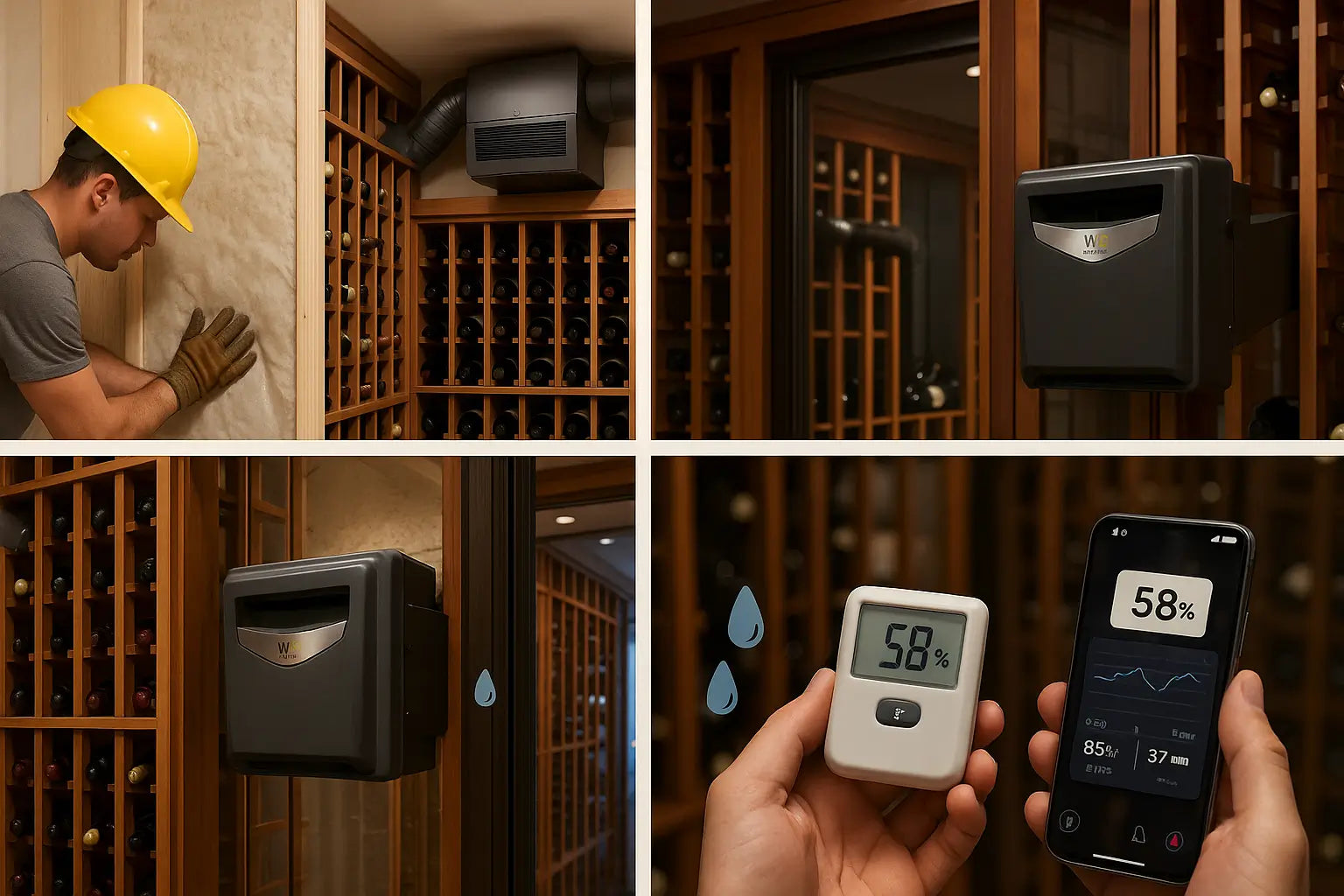 Step-by-step visual guide showing vapor barriers, insulated walls, Wine Guardian cooling system, humidifier installation, and digital hygrometer monitoring for optimal wine cellar humidity control.
