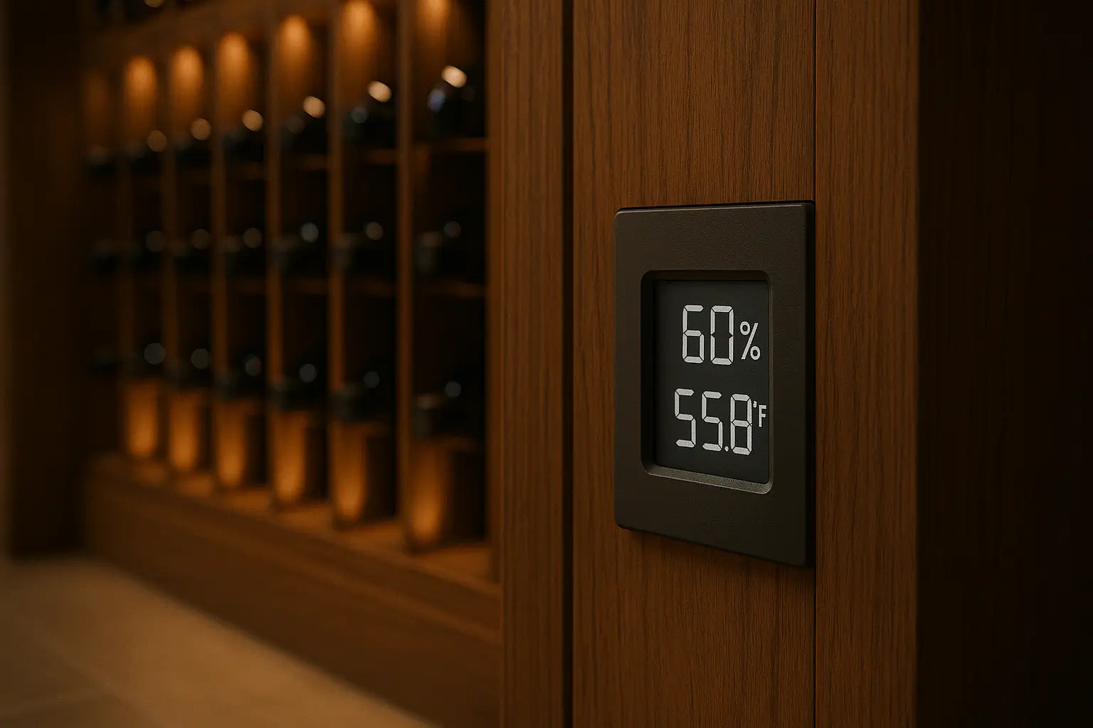 Humidity monitor inside a wine cellar showing ideal 60% RH