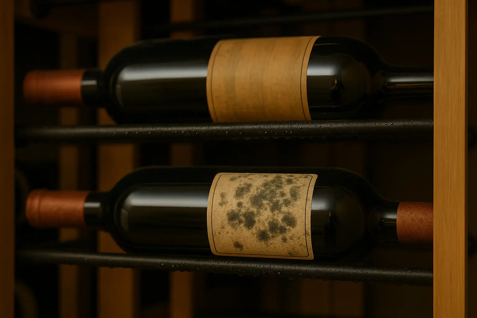Mold growth on wine labels and condensation on cellar racks