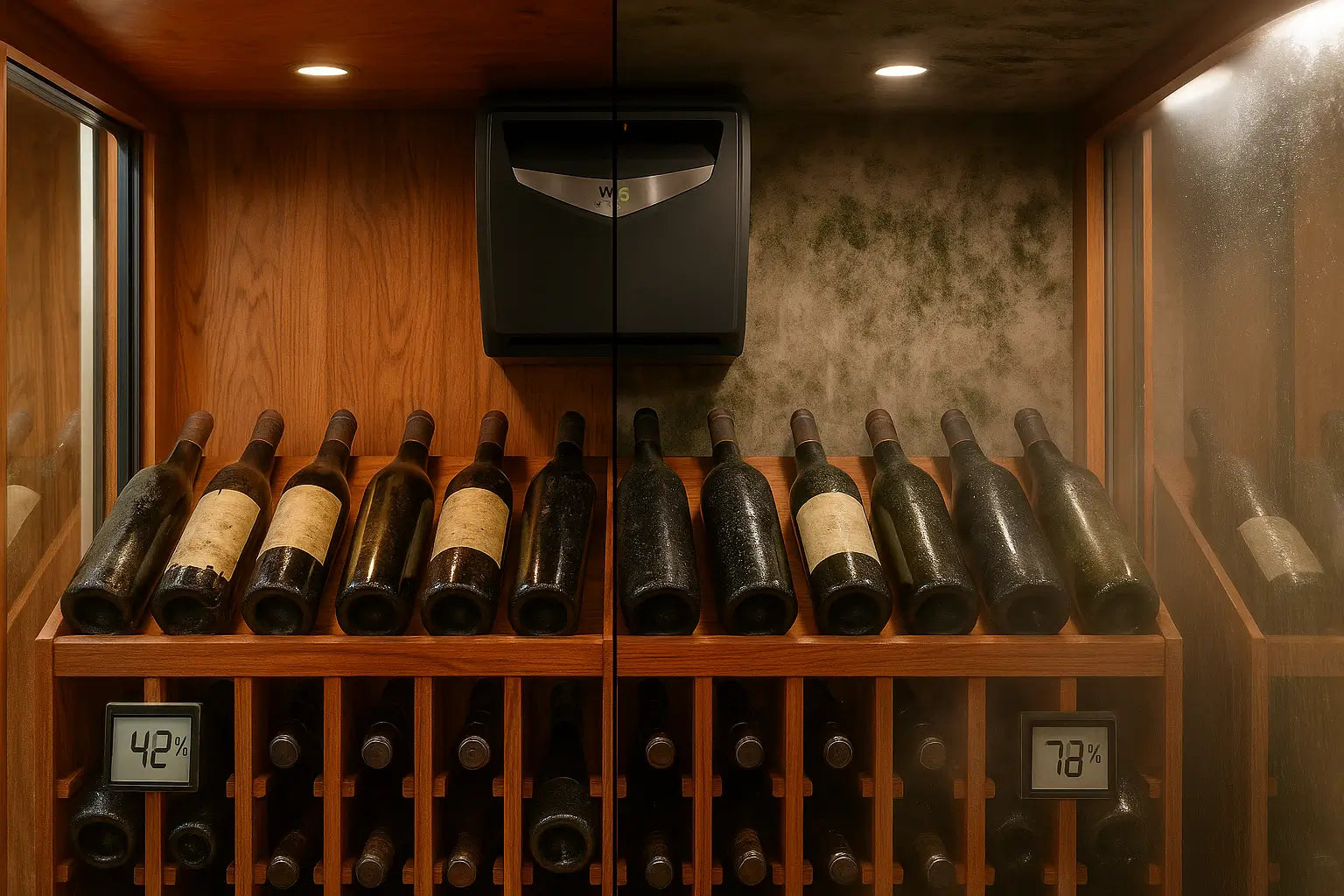 Split-scene wine cellar showing effects of low and high humidity, including mold, damaged labels, shrunken corks, and oxidized wine bottles due to improper relative humidity levels.