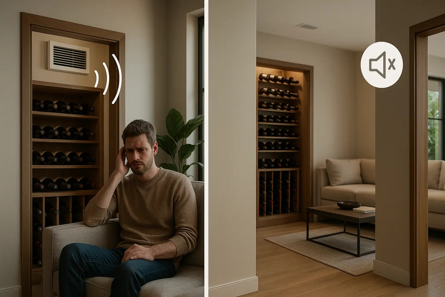 Silent wine cooling system installed in a modern home cellar near living space