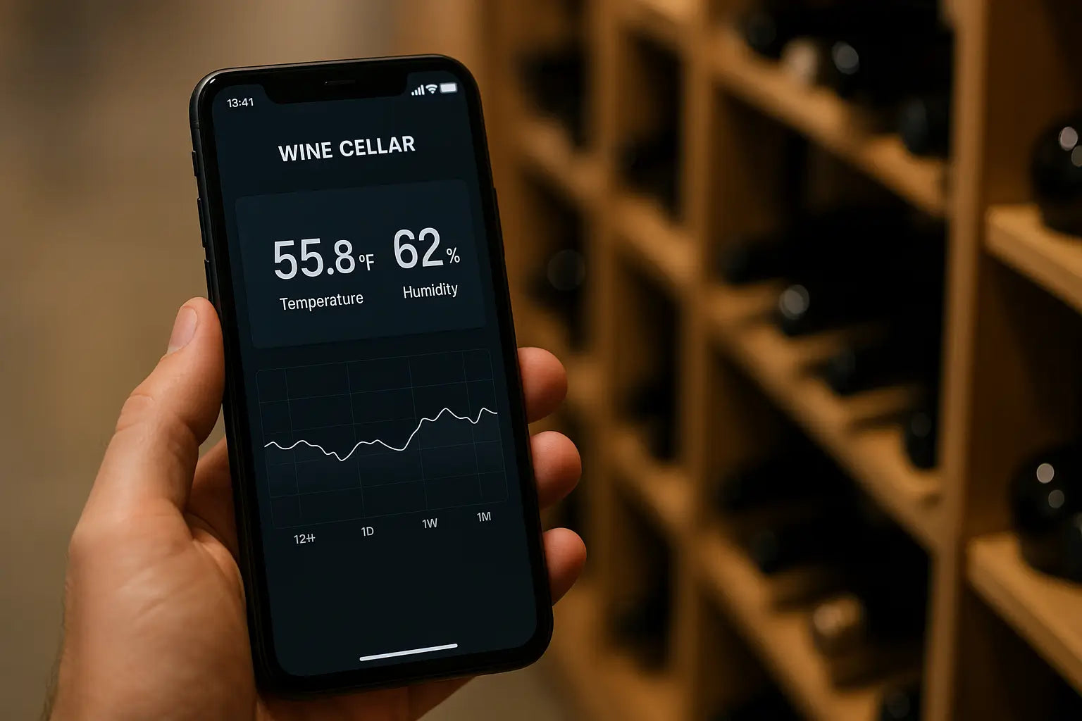 Smartphone app dashboard monitoring wine cellar temperature and humidity