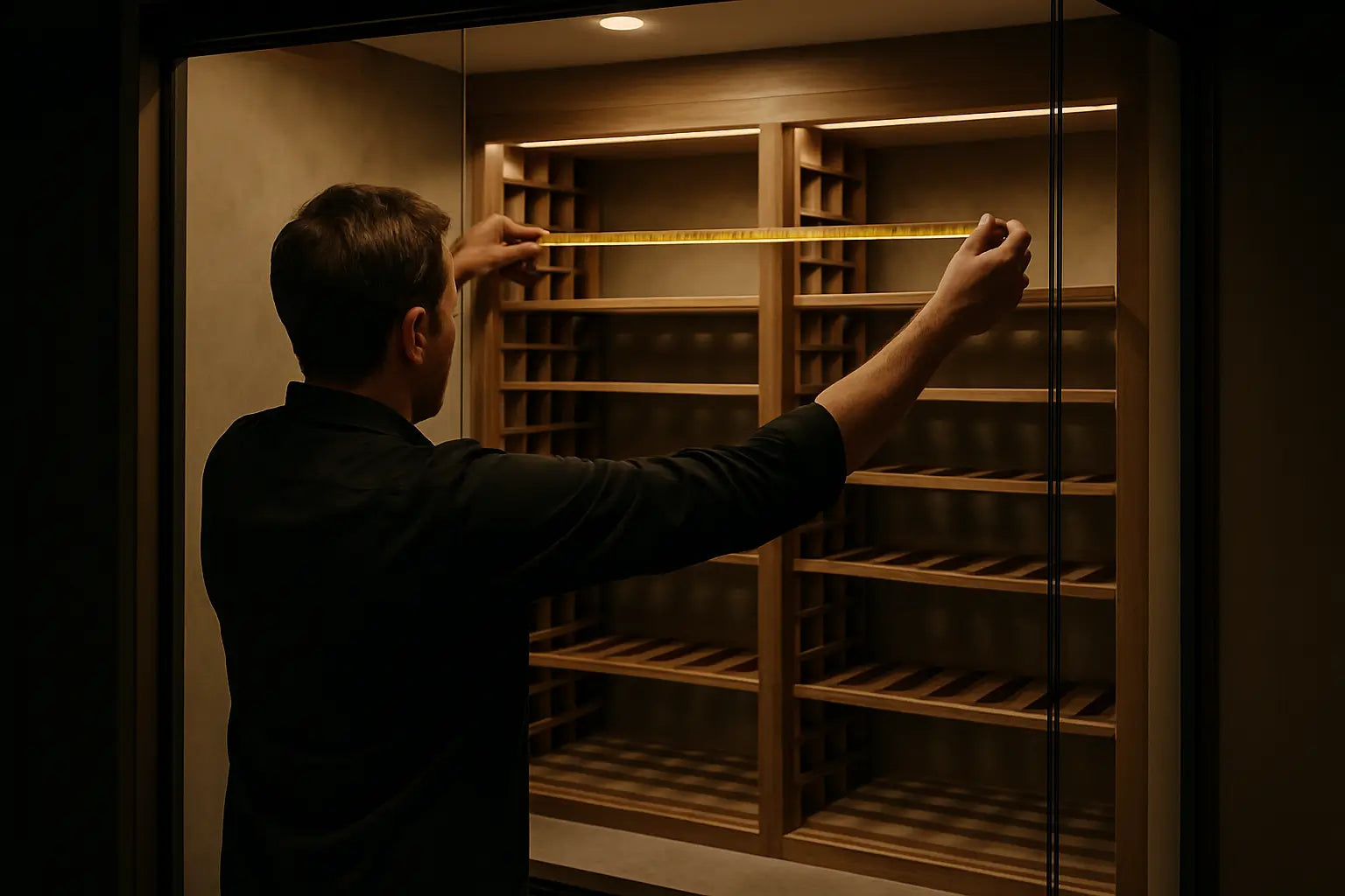 Technician measuring a wine cellar space for cooling system selection.