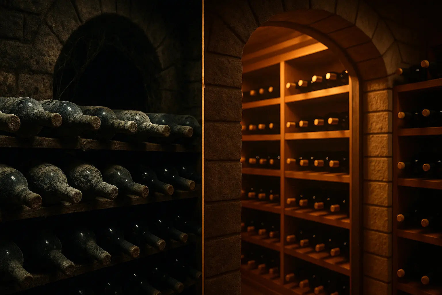 Split view of a failed vs properly cooled luxury wine cellar