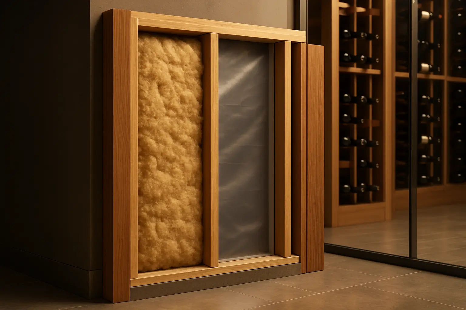 Illustration showing proper vapor barrier installation in wine cellar walls and ceiling