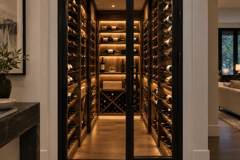 Compact converted-closet wine room with walnut racks and glass door, Wine Guardian Dealer