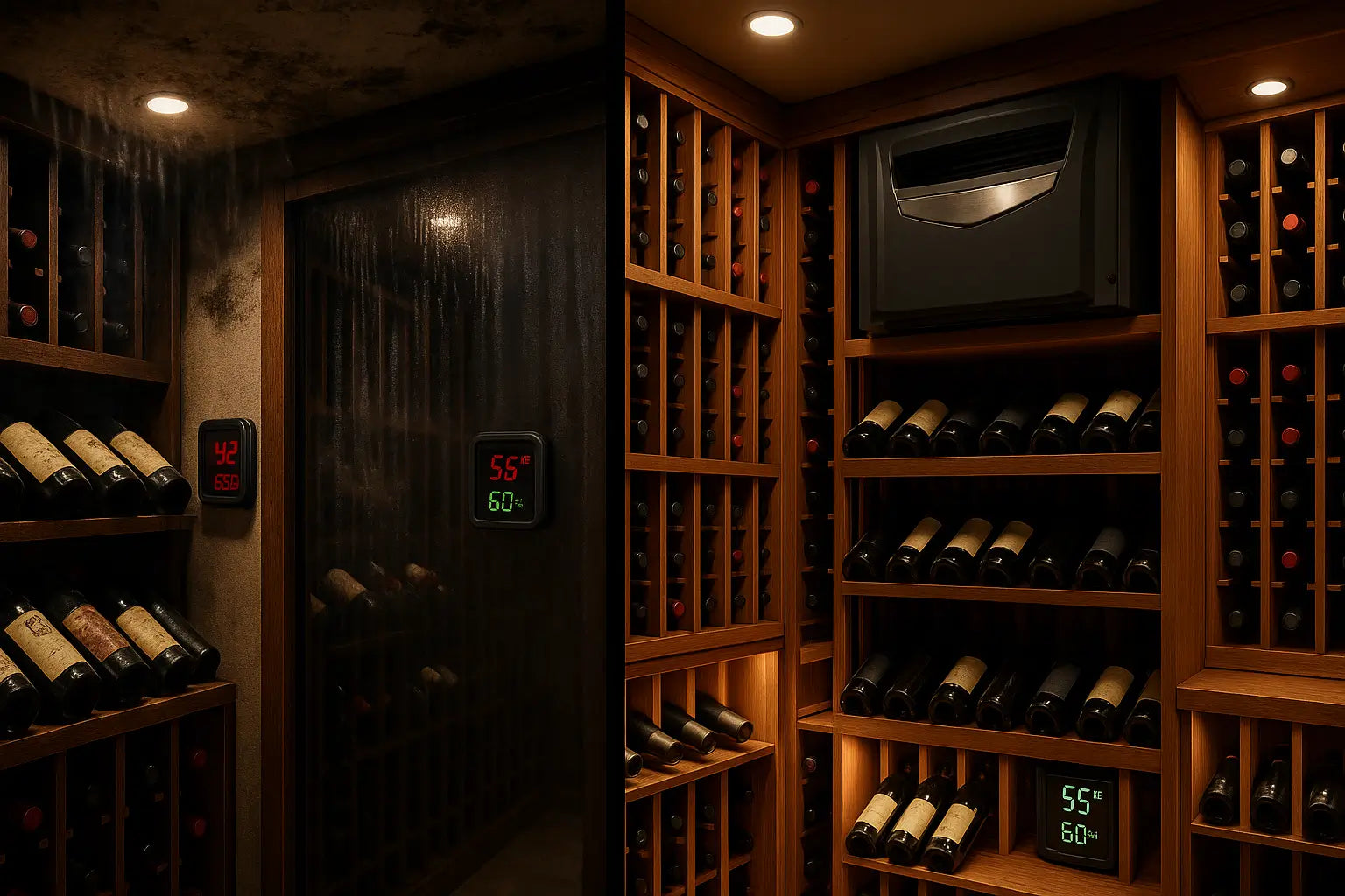 Split-scene showing a damaged wine cellar from cooling mistakes with mold, condensation, and spoiled bottles versus a perfectly climate-controlled luxury wine cellar with Wine Guardian system installed.