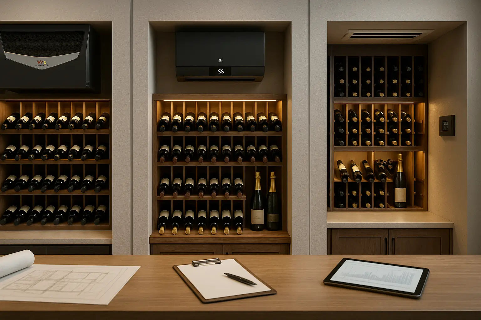 Showroom display of different wine cooling units for comparison and buying guidance