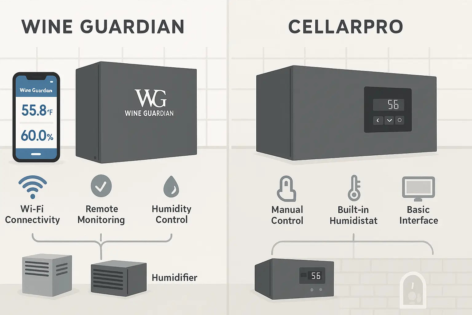 Wine Guardian and CellarPro compared on smart features and humidity control