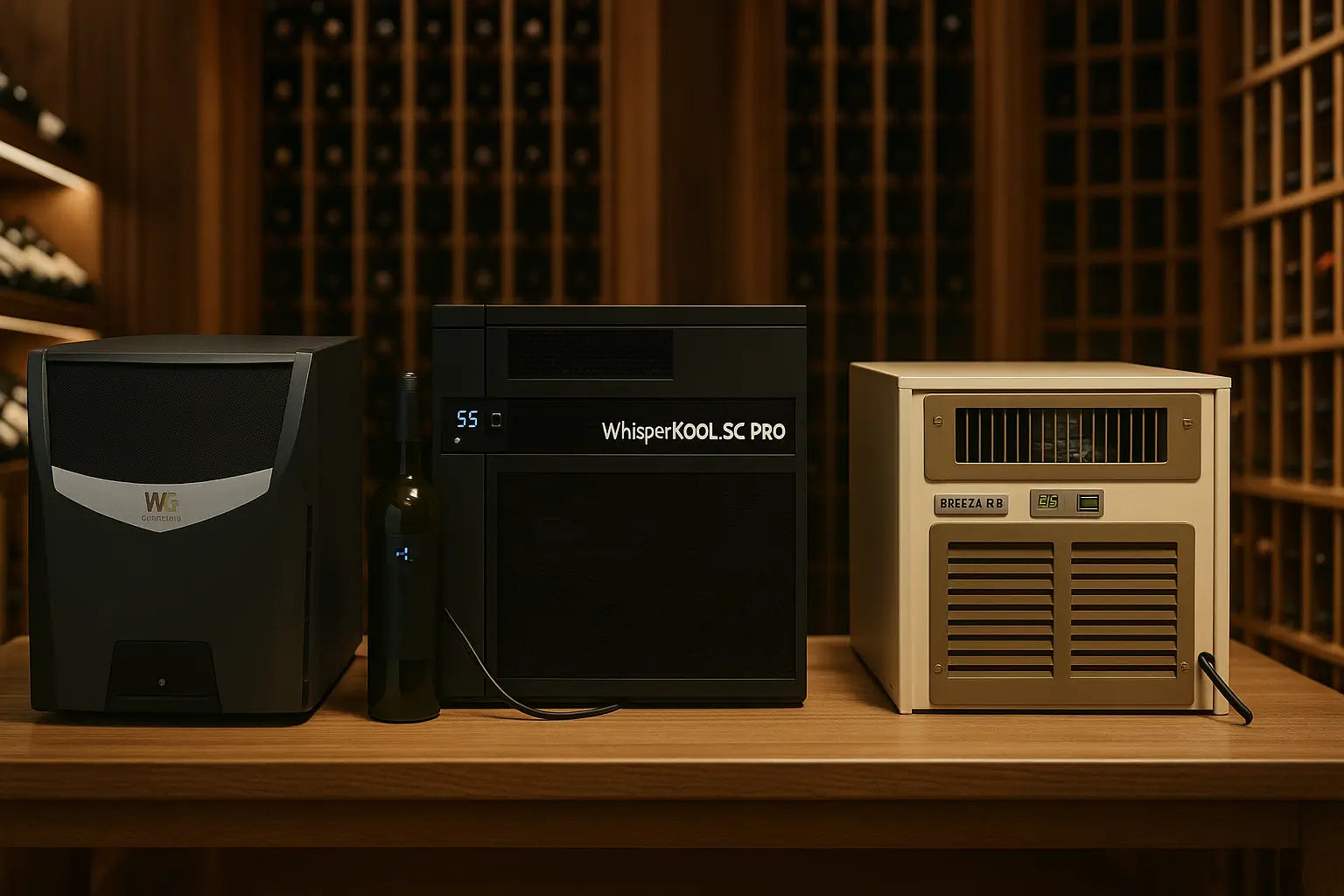 Wine cellar featuring Wine Guardian, WhisperKOOL, and Breezaire cooling units side by side.