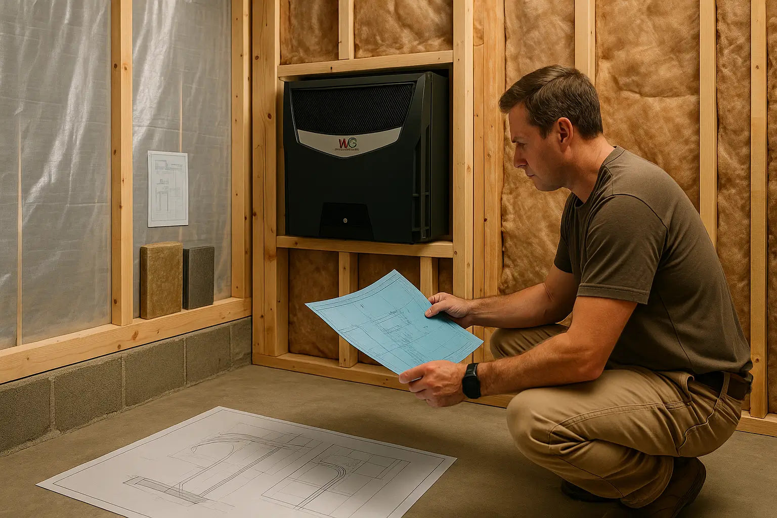 Wine cellar under construction showing vapor barrier, insulation, and cooling system planning