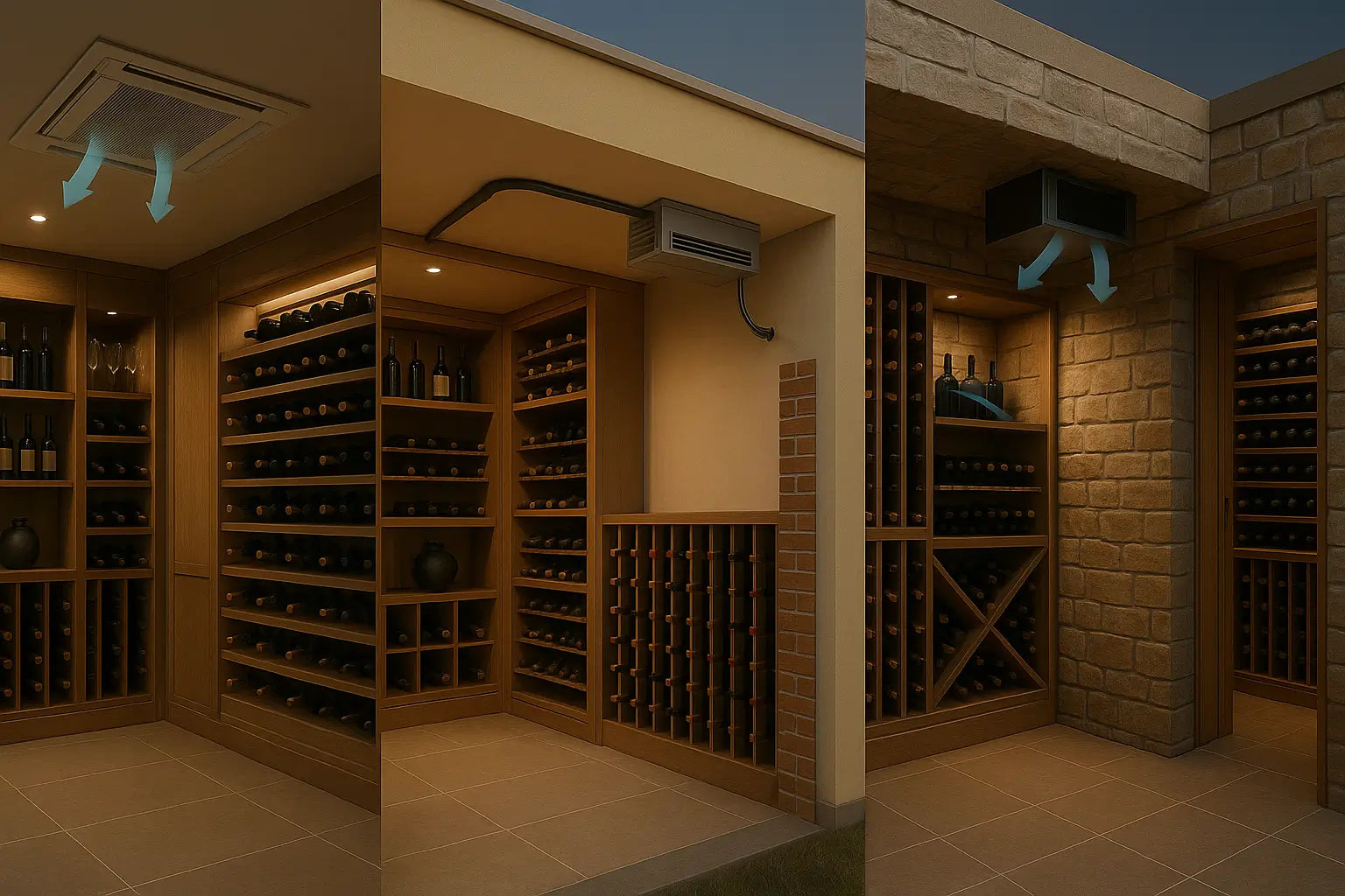 Diagram comparing ducted, split, and self-contained wine cooling systems