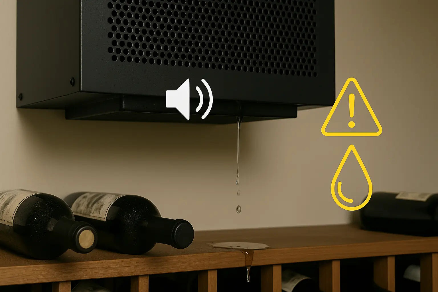 Wine cooling system with visible leak and sound issues