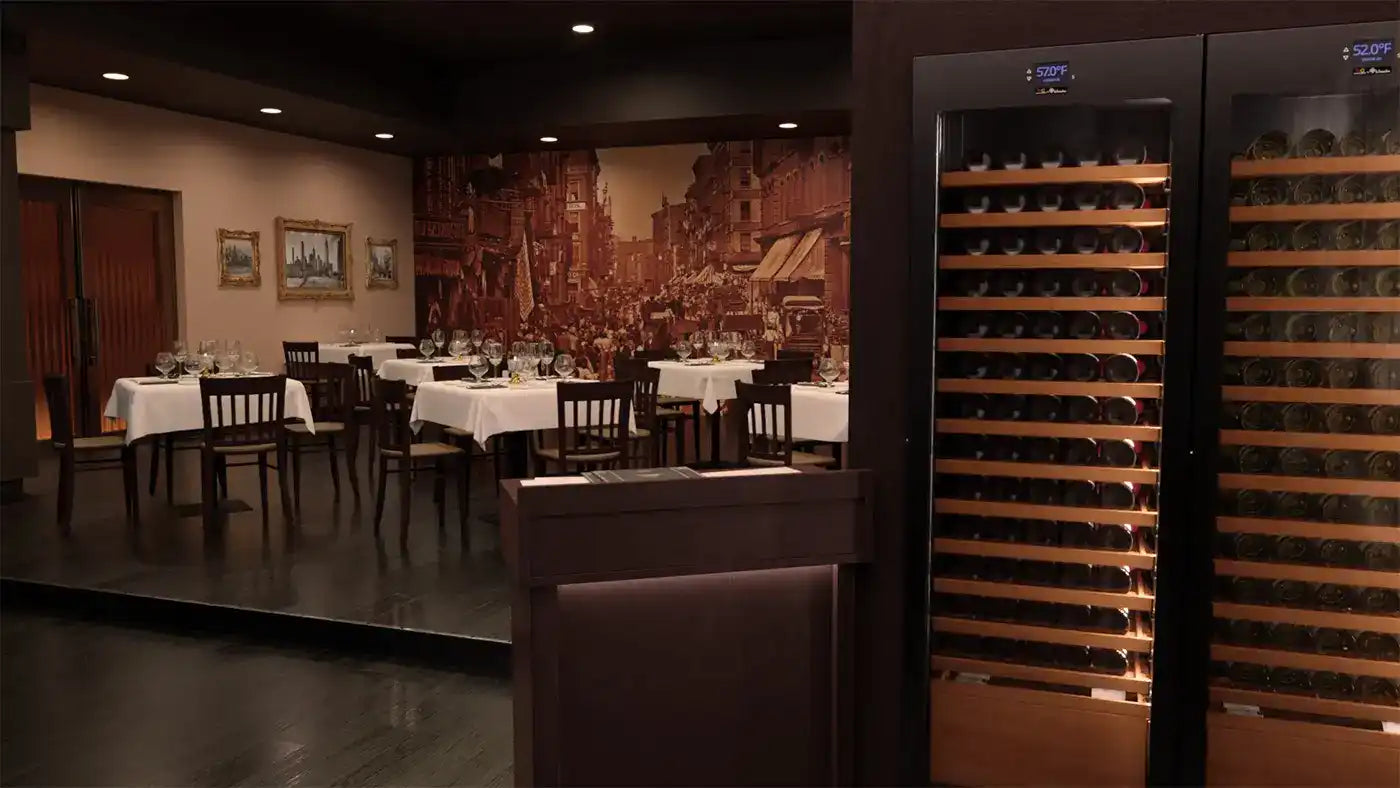 Wine storage cabinet with multiple racks displaying bottles.