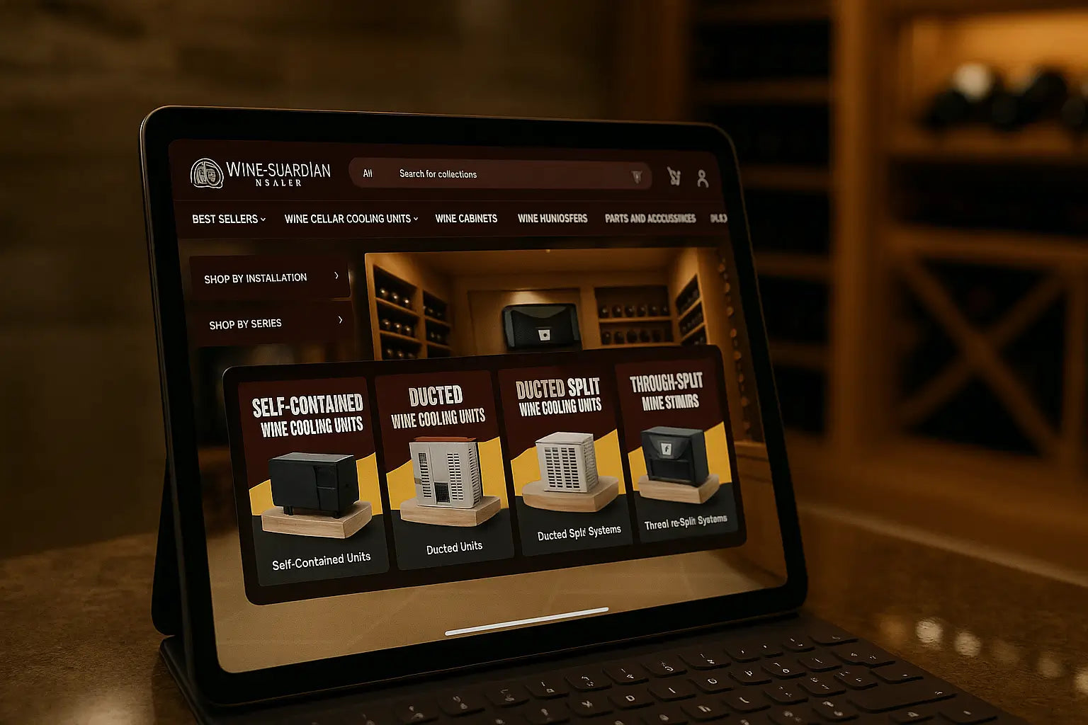 User interface of a wine cooling system selector tool on tablet