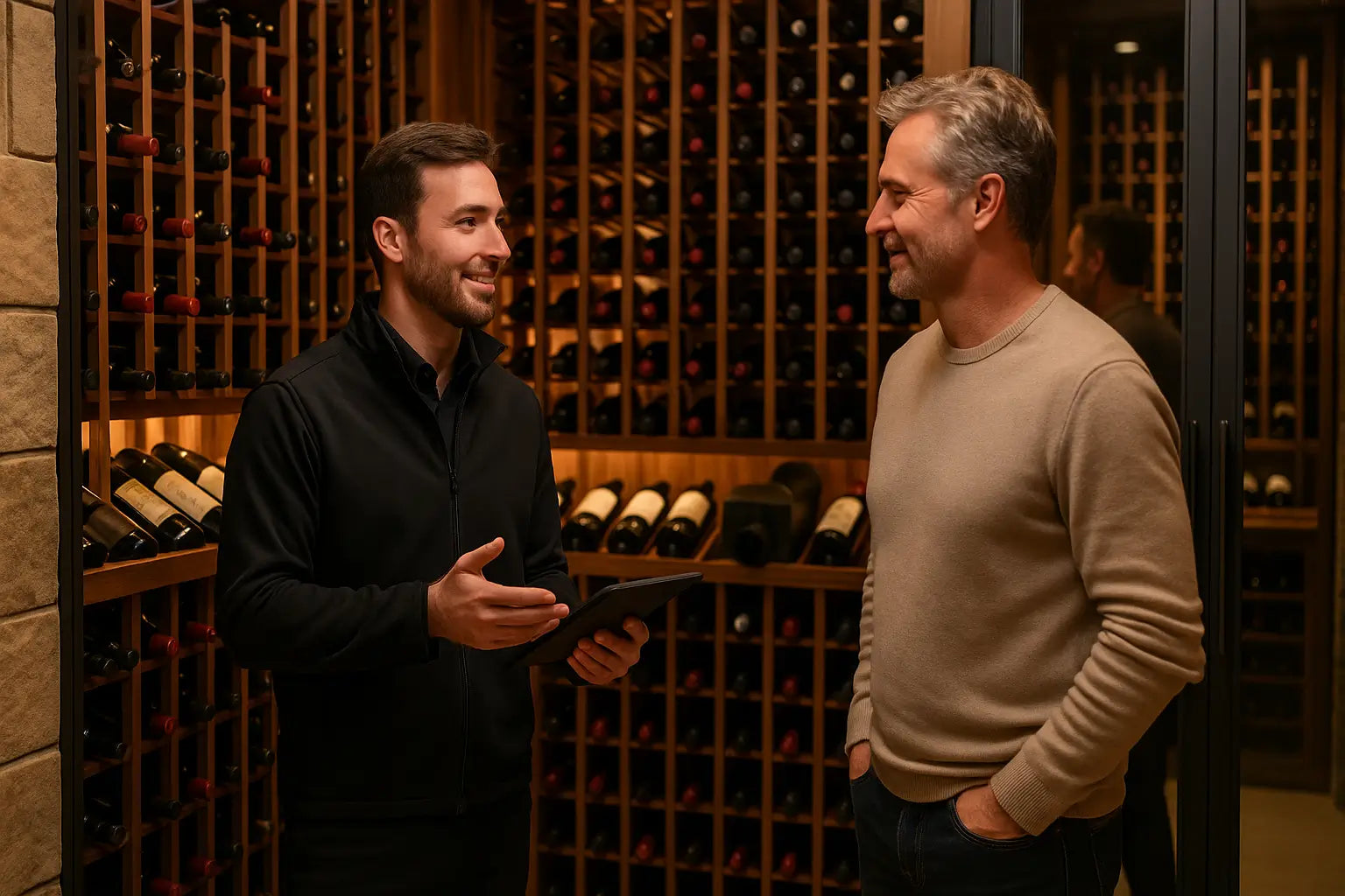 Five-step visual showing site review, BTU load calculations, system recommendations, installation coordination, and final system startup for expert wine cellar cooling design.