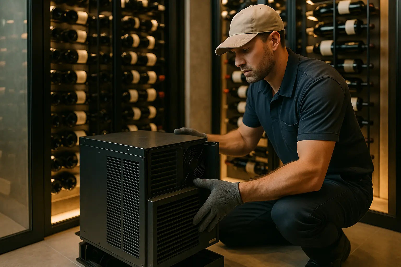 Wine cellar technician removing an old undersized cooling unit