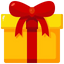 Yellow gift box with a red bow on top.